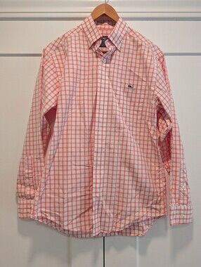 VINEYARD VINES Men's Coral Checkered Plaid Button-Down Dress Shirt Size Small